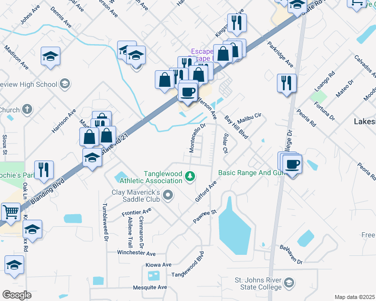 map of restaurants, bars, coffee shops, grocery stores, and more near 1337 Gettysburg Drive in Orange Park