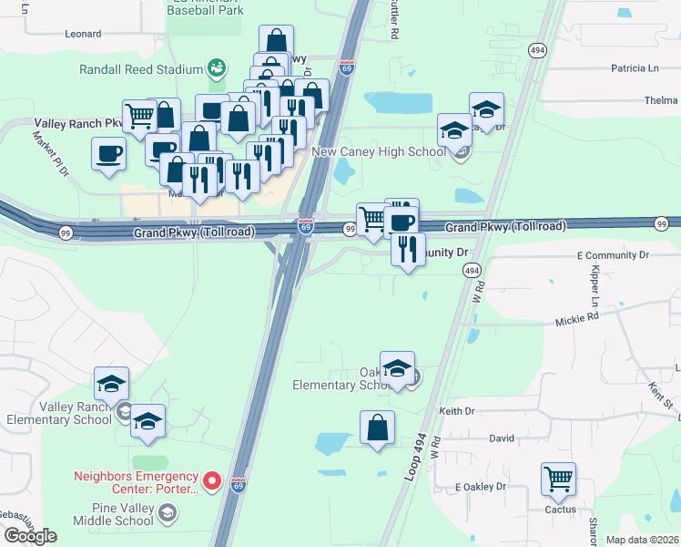map of restaurants, bars, coffee shops, grocery stores, and more near 22333 Oakley Road in New Caney