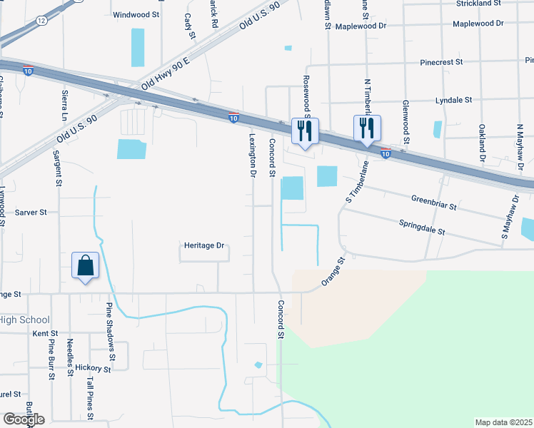 map of restaurants, bars, coffee shops, grocery stores, and more near 425 Lexington Drive in Vidor