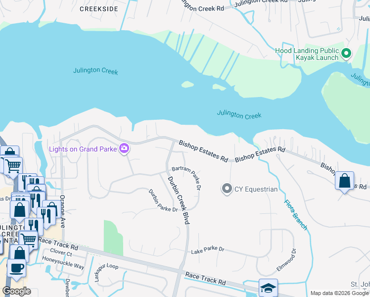 map of restaurants, bars, coffee shops, grocery stores, and more near 217 Hidden Lake Drive in Jacksonville