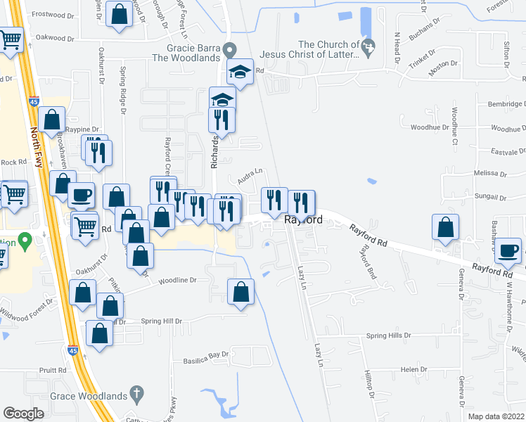 map of restaurants, bars, coffee shops, grocery stores, and more near 811 Rayford Road in Spring