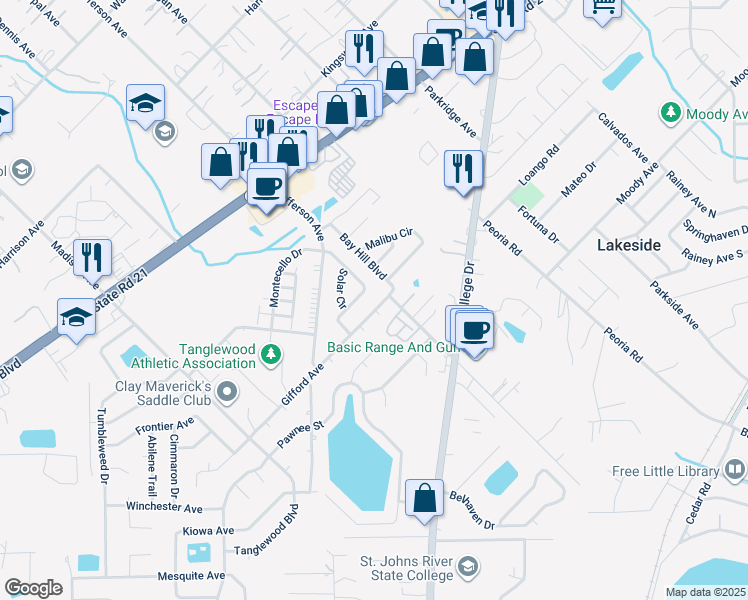 map of restaurants, bars, coffee shops, grocery stores, and more near 1411 Remington Court in Orange Park