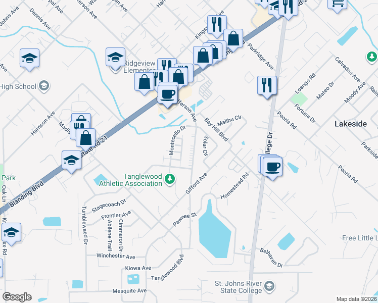 map of restaurants, bars, coffee shops, grocery stores, and more near 1343 Jefferson Avenue in Orange Park
