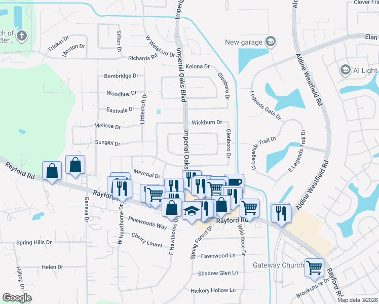 map of restaurants, bars, coffee shops, grocery stores, and more near 2003 Rycroft Drive in Spring