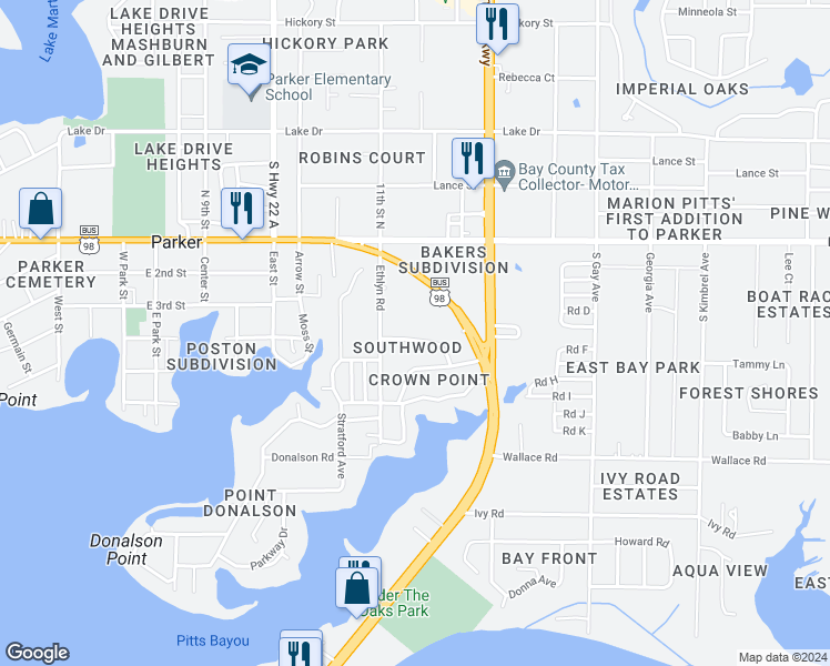map of restaurants, bars, coffee shops, grocery stores, and more near 5231 Collins Drive in Panama City