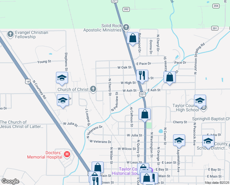 map of restaurants, bars, coffee shops, grocery stores, and more near 1219 North Parkview Street in Perry