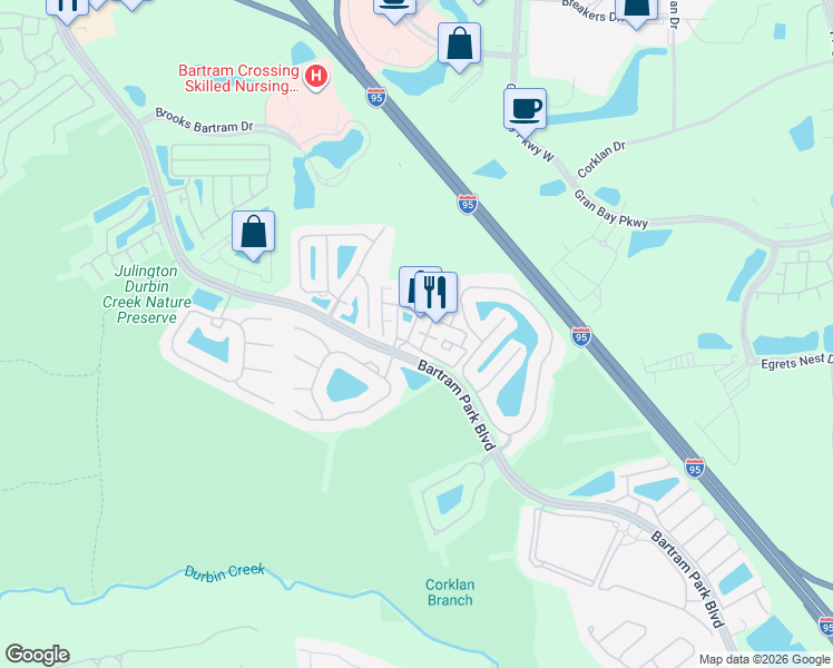 map of restaurants, bars, coffee shops, grocery stores, and more near 13525 Bartram Park Boulevard in Jacksonville