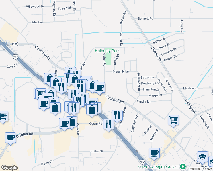 map of restaurants, bars, coffee shops, grocery stores, and more near 5080 Gober Road in Beaumont