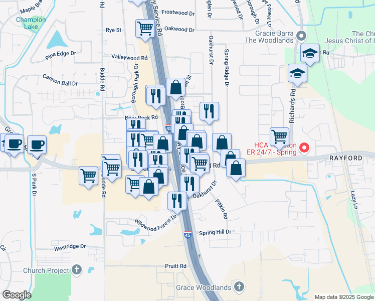 map of restaurants, bars, coffee shops, grocery stores, and more near 25120 Interstate 45 in Spring