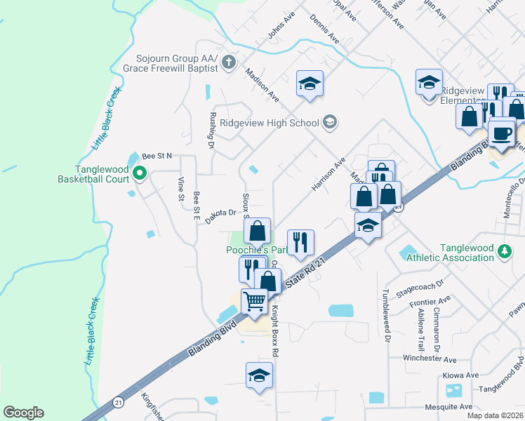 map of restaurants, bars, coffee shops, grocery stores, and more near 2913 Andy Court in Orange Park