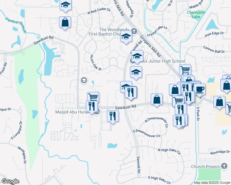 map of restaurants, bars, coffee shops, grocery stores, and more near 42 Scarlet Woods Court in The Woodlands