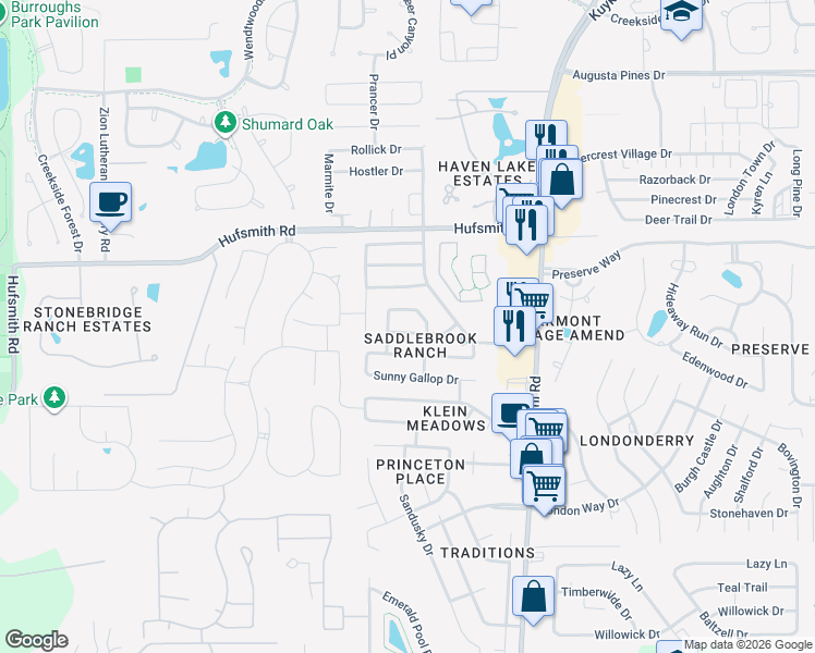 map of restaurants, bars, coffee shops, grocery stores, and more near 8714 Sunset Pond Drive in Tomball
