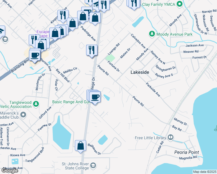 map of restaurants, bars, coffee shops, grocery stores, and more near 2716 Secret Harbor Drive in Orange Park