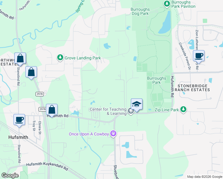 map of restaurants, bars, coffee shops, grocery stores, and more near 10618 Hufsmith Road in Tomball