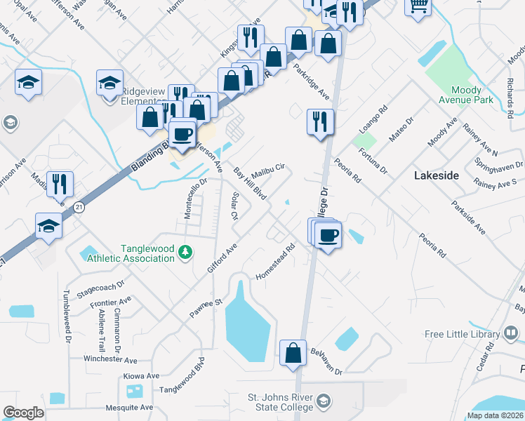 map of restaurants, bars, coffee shops, grocery stores, and more near 1411 Remington Court in Orange Park