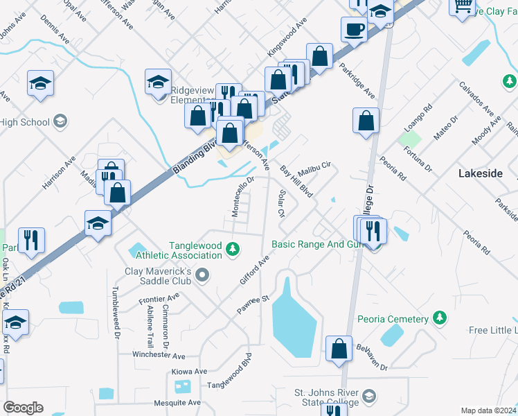 map of restaurants, bars, coffee shops, grocery stores, and more near 1343 Jefferson Avenue in Orange Park