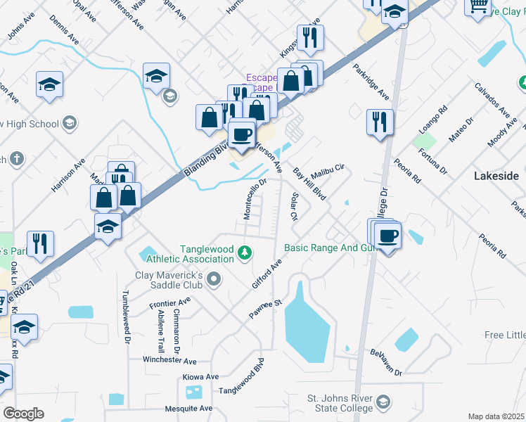 map of restaurants, bars, coffee shops, grocery stores, and more near 1337 Gettysburg Drive in Orange Park