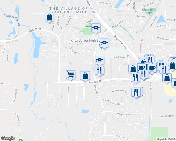 map of restaurants, bars, coffee shops, grocery stores, and more near 42 Scarlet Woods Court in The Woodlands