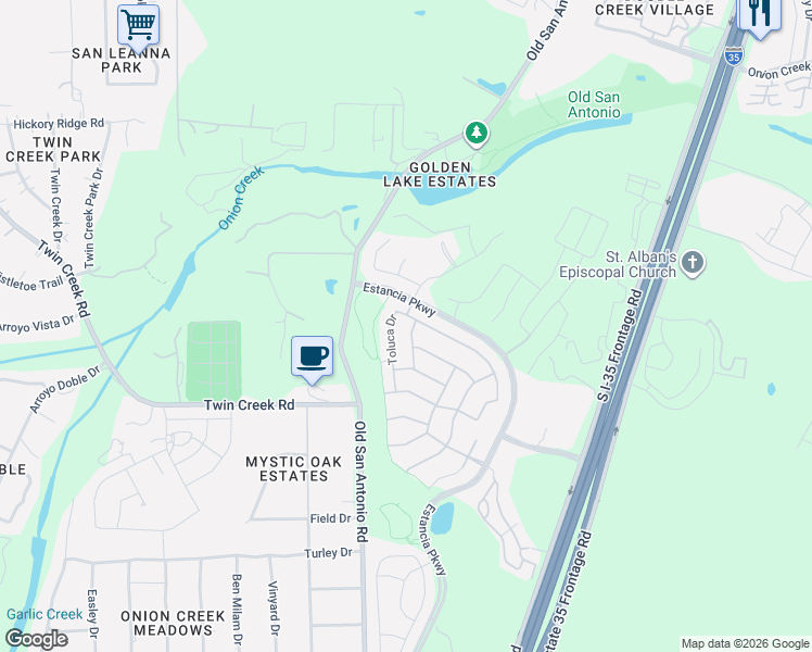 map of restaurants, bars, coffee shops, grocery stores, and more near 12210 Toluca Drive in Austin