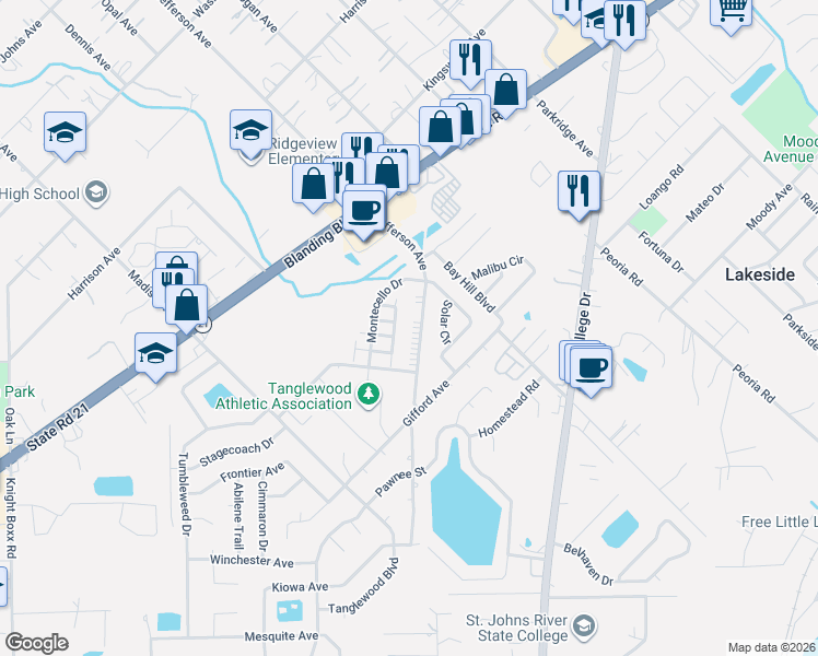 map of restaurants, bars, coffee shops, grocery stores, and more near 1343 Jefferson Avenue in Orange Park