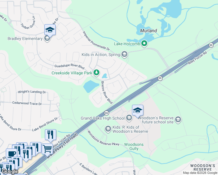map of restaurants, bars, coffee shops, grocery stores, and more near 4639 Comal River Loop in Spring