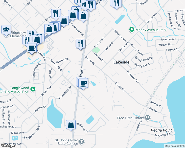 map of restaurants, bars, coffee shops, grocery stores, and more near 2603 Harbor Winds Court in Orange Park