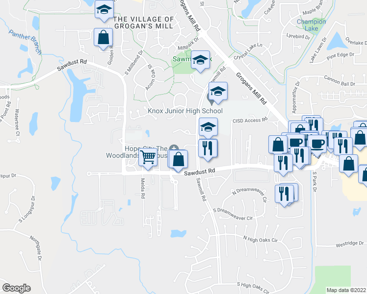 map of restaurants, bars, coffee shops, grocery stores, and more near 42 Scarlet Woods Court in The Woodlands