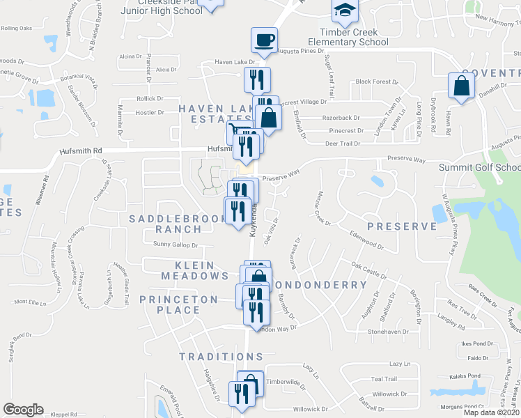 map of restaurants, bars, coffee shops, grocery stores, and more near 25231 Oak Star Drive in Spring