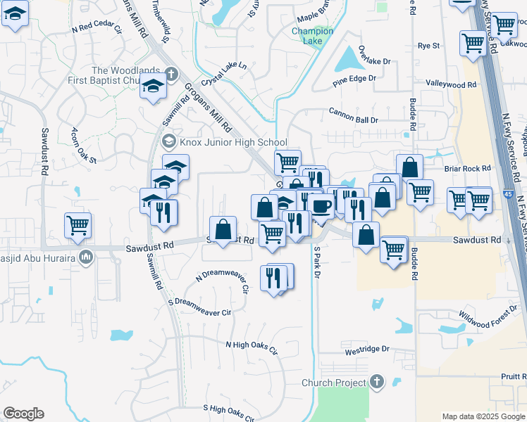 map of restaurants, bars, coffee shops, grocery stores, and more near 1018 Sawdust Road in The Woodlands