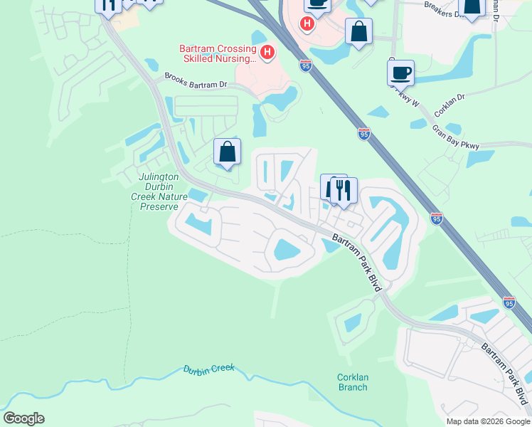 map of restaurants, bars, coffee shops, grocery stores, and more near 6605 Jefferson Garden Court in Jacksonville