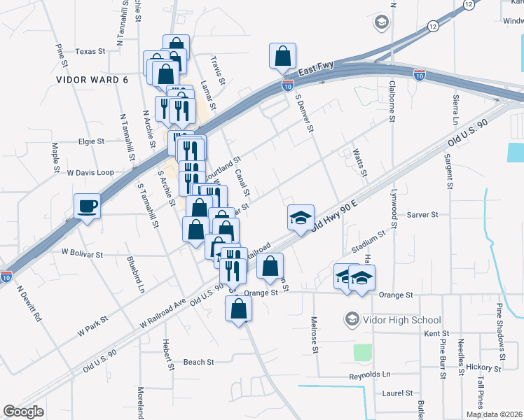 map of restaurants, bars, coffee shops, grocery stores, and more near 270 Chance Street in Vidor