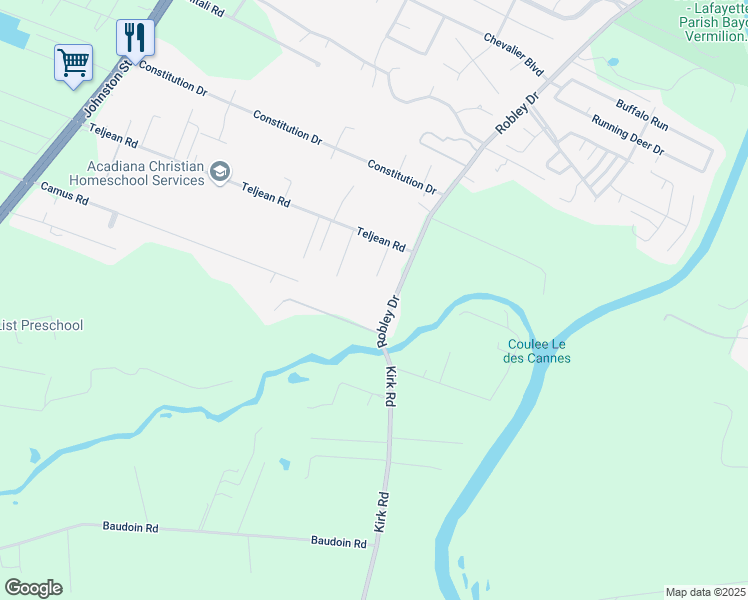 map of restaurants, bars, coffee shops, grocery stores, and more near 2728 Robley Drive in Lafayette