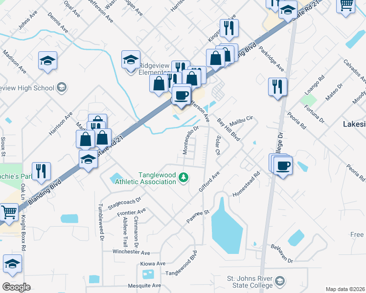 map of restaurants, bars, coffee shops, grocery stores, and more near 1337 Gettysburg Drive in Orange Park