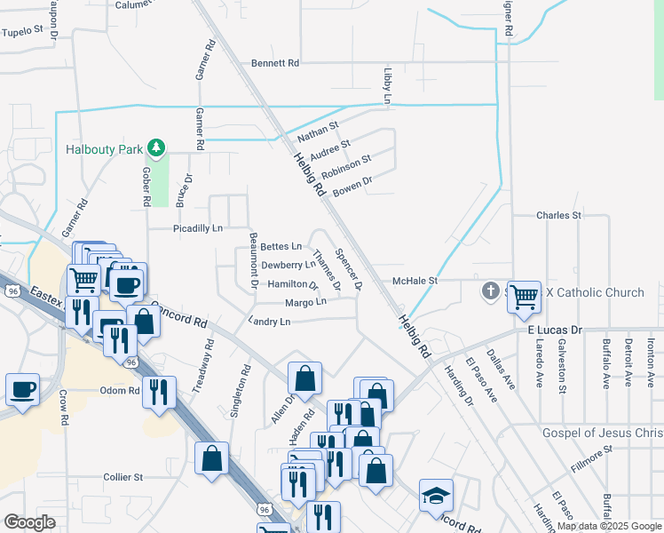 map of restaurants, bars, coffee shops, grocery stores, and more near 5470 Thames Drive in Beaumont