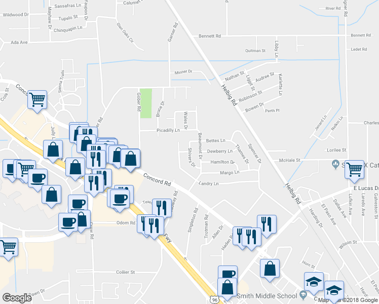 map of restaurants, bars, coffee shops, grocery stores, and more near 5601 Blueberry Lane in Beaumont