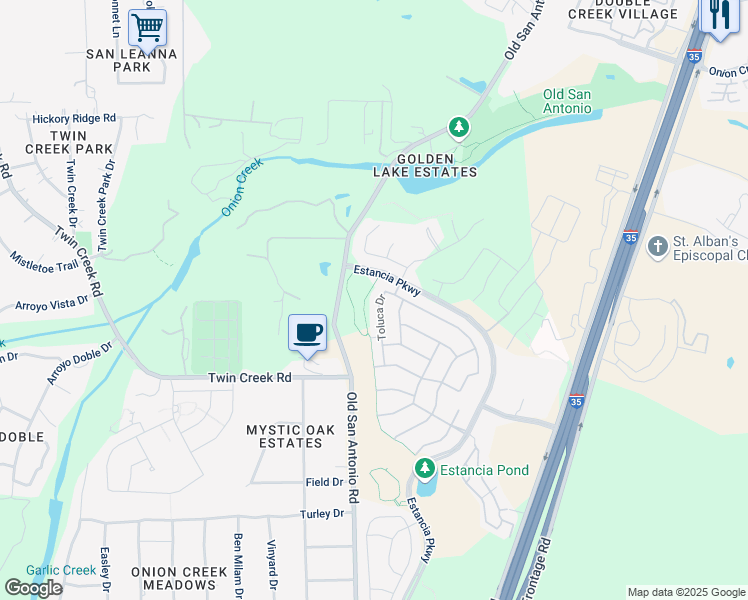 map of restaurants, bars, coffee shops, grocery stores, and more near 12202 Toluca Drive in Austin