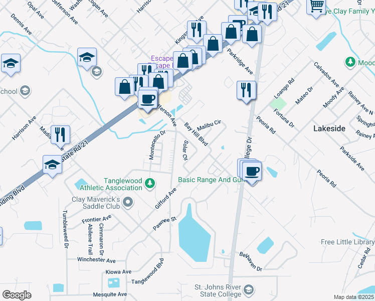 map of restaurants, bars, coffee shops, grocery stores, and more near 2664A Sunrise Village Drive in Orange Park