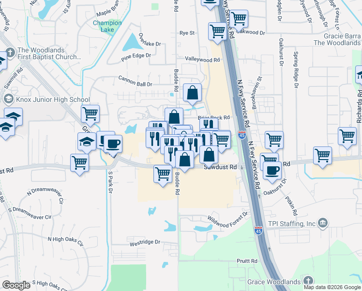 map of restaurants, bars, coffee shops, grocery stores, and more near 25144 Budde Road in Spring