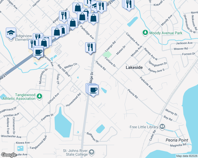 map of restaurants, bars, coffee shops, grocery stores, and more near 135 College Drive in Orange Park