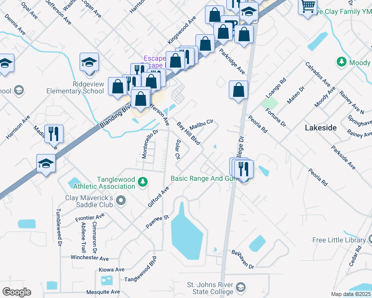 map of restaurants, bars, coffee shops, grocery stores, and more near 2655 Sunrise Village Drive in Orange Park