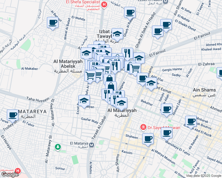 map of restaurants, bars, coffee shops, grocery stores, and more near Teraat Al Gabal in El Matareya