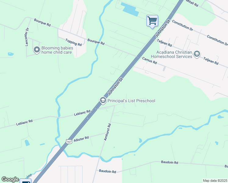 map of restaurants, bars, coffee shops, grocery stores, and more near 7603 Johnston Street in Maurice
