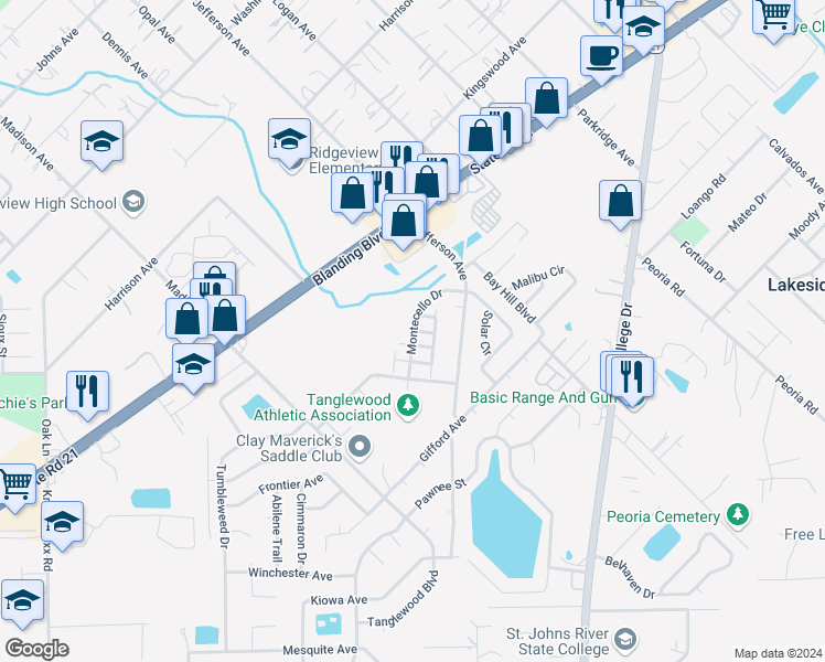 map of restaurants, bars, coffee shops, grocery stores, and more near 1273 Montecello Drive in Orange Park