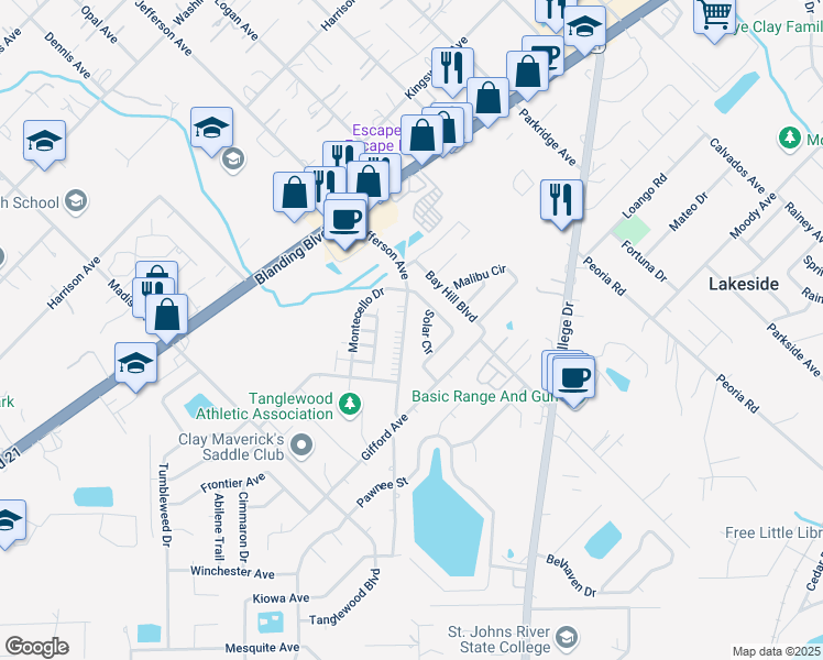 map of restaurants, bars, coffee shops, grocery stores, and more near 1316 Jefferson Avenue in Orange Park