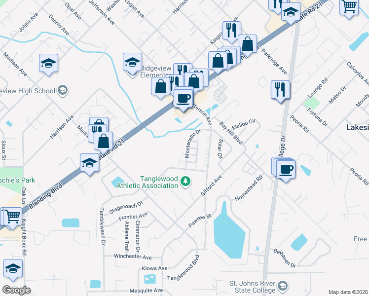 map of restaurants, bars, coffee shops, grocery stores, and more near 1337 Yorktown Place in Orange Park
