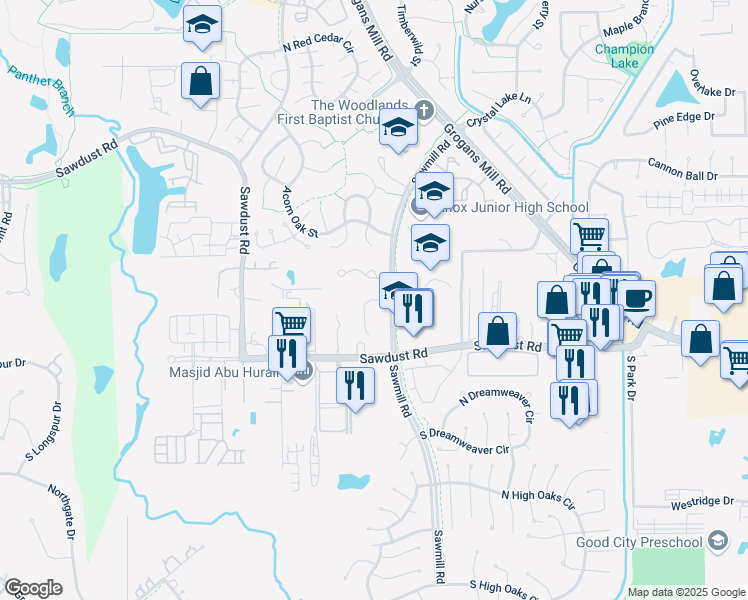 map of restaurants, bars, coffee shops, grocery stores, and more near 1 Sawmill Grove Lane in Spring
