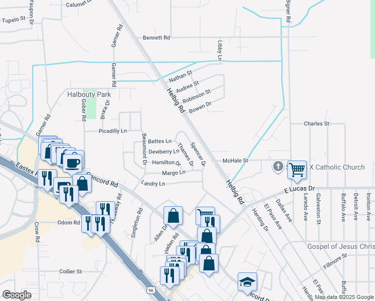 map of restaurants, bars, coffee shops, grocery stores, and more near 5525 Spencer Drive in Beaumont
