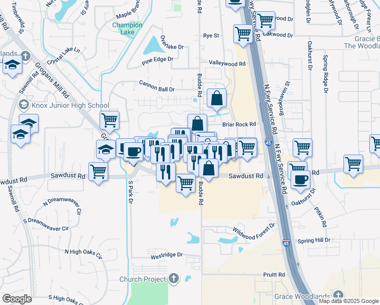 map of restaurants, bars, coffee shops, grocery stores, and more near 25275 Budde Road in Spring