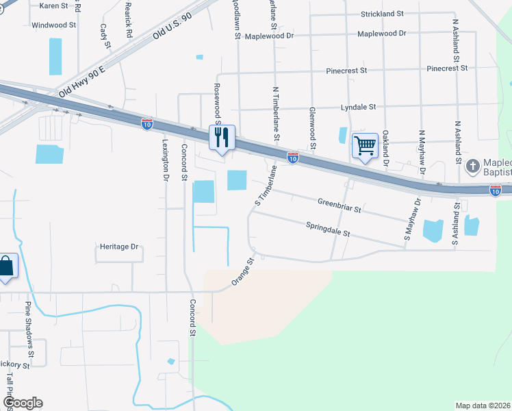 map of restaurants, bars, coffee shops, grocery stores, and more near 1130 South Timberlane in Vidor