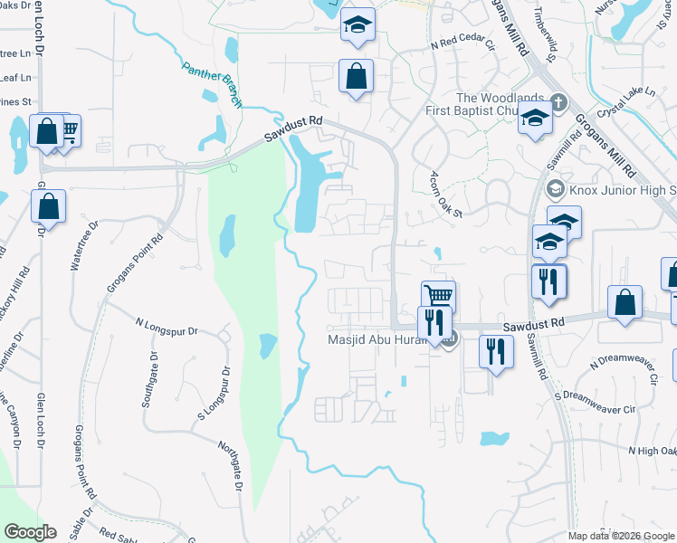 map of restaurants, bars, coffee shops, grocery stores, and more near 1941 Sawdust Road in Spring